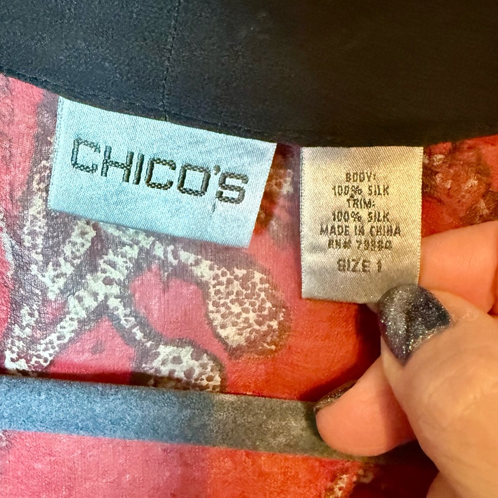 Chico’s Sheer Silk Shrunken Kimono Top Jacket Shacket Red Black Size Medium - Picture 12 of 14